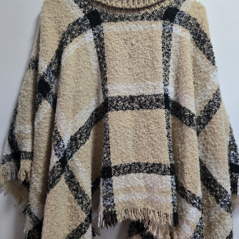 Serra brand tan and black plaid sweater poncho featuring a cozy cowl neck - Picture 2 of 2